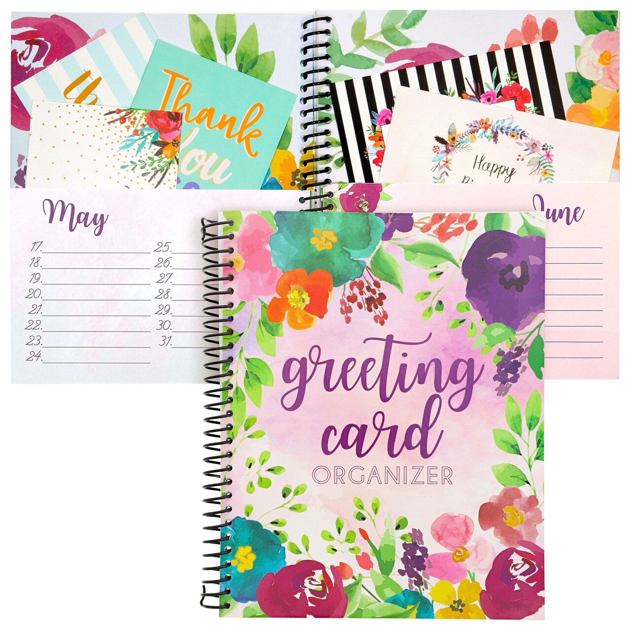 Floral Month by Month Greeting Card Organizer Book with 24 Pockets, Card and File Keeper Dividers for Birthdays, Weddings, Milestones, Graduation Parties, Holiday Reminders (8.5 x 10 In)